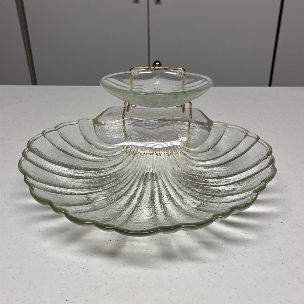 Vintage Seashell Glass Chip & Dip Serving Tray Coastal Entertaining Set
